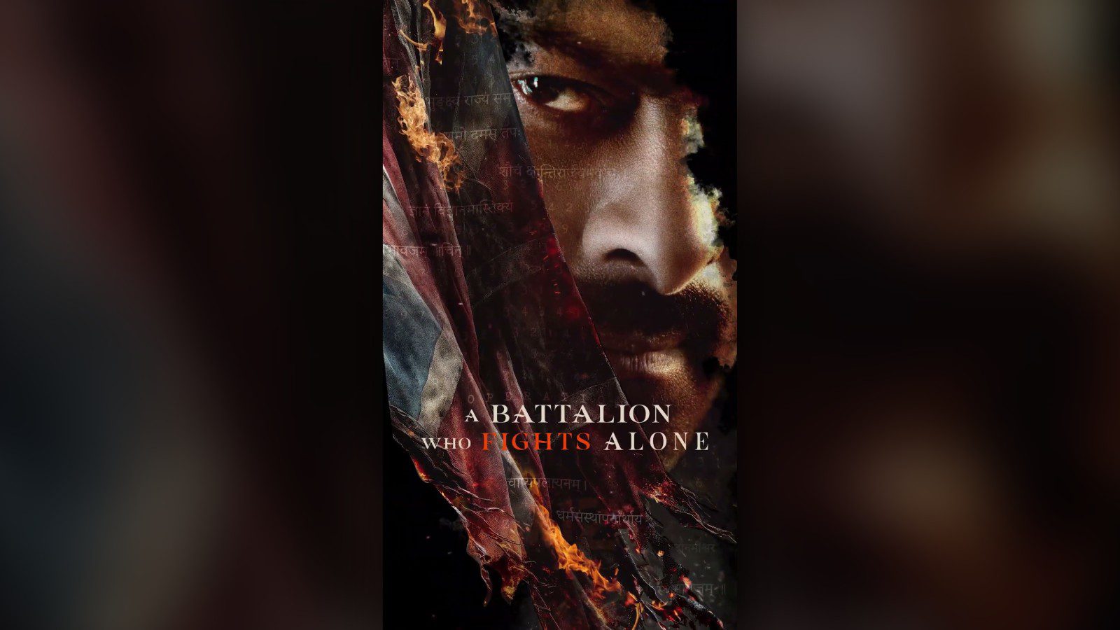Poster artwork showing a close-up of Prabhas's face, half hidden behind a torn, burning flag, with the line A Battalion Who Fights Alone