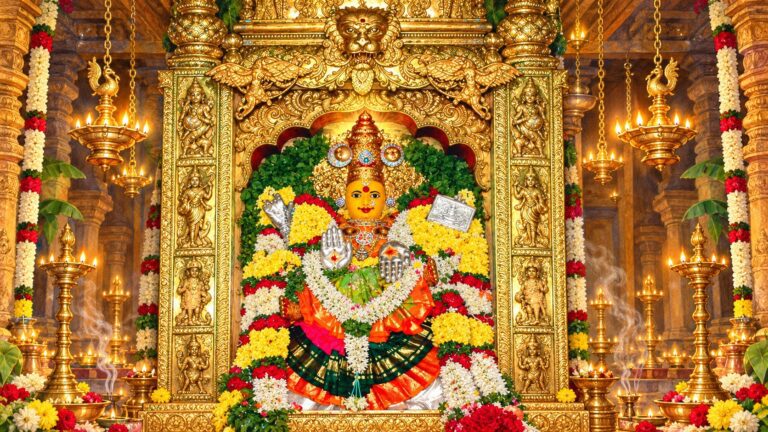 Idol of Goddess Durga adorned with garlands of marigold and jasmine in a golden shrine, lit by rows of brass lamps