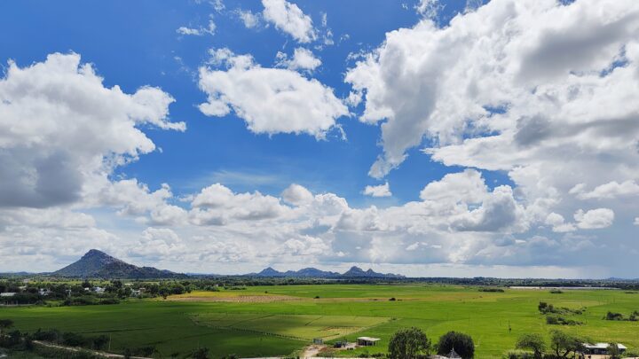 Wide view of green paddy fields with trees, a few farm sheds and rocky hills on the horizon under a cloudy blue sky.