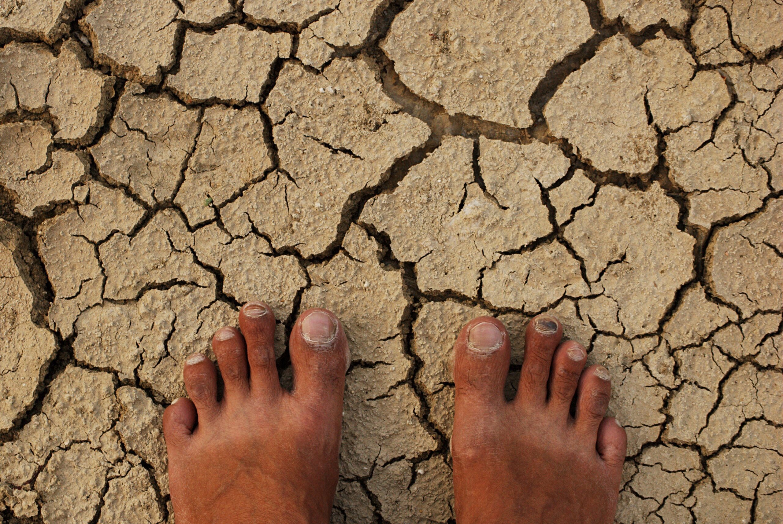 Bare feet standing on cracked, dry earth.