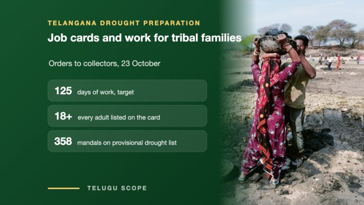 Graphic: job cards and work for tribal families in Telangana, with 125 days of work as the target, beside a file photo of workers carrying silt.