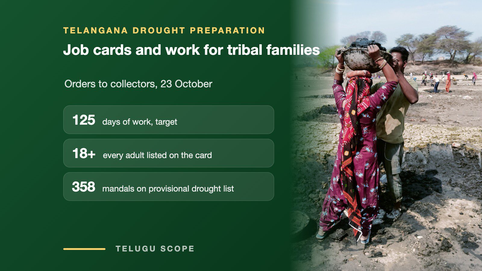 Graphic: job cards and work for tribal families in Telangana, with 125 days of work as the target, beside a file photo of workers carrying silt.