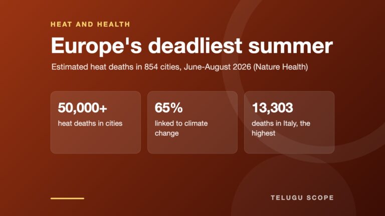 Telugu Scope information card: Europe's deadliest summer. 50,000+ heat deaths in cities; 65% linked to climate change; 13,303 deaths in Italy, the highest