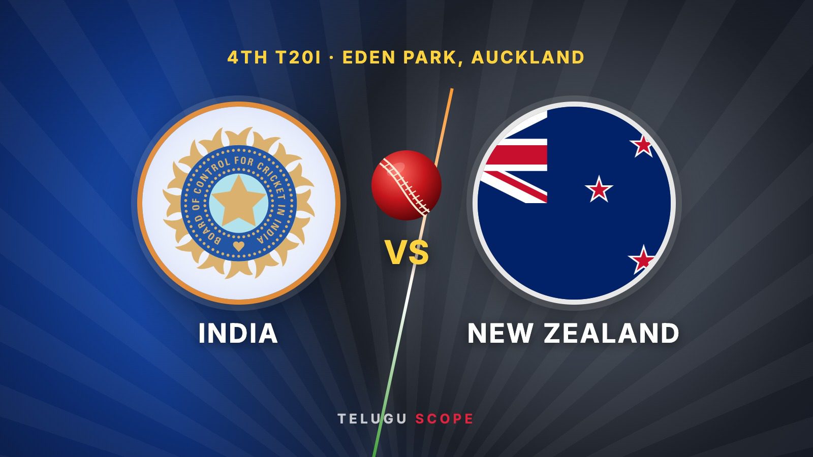 Illustration of the BCCI crest and the New Zealand flag with a cricket ball between them, for the fourth T20I at Eden Park