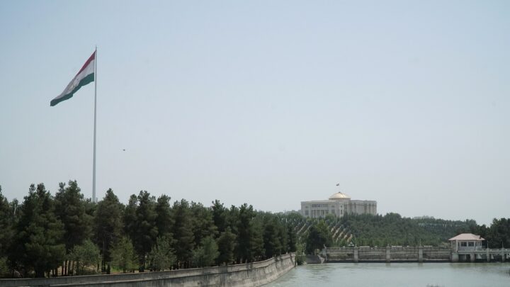The Dushanbe Flagpole and the Palace of Nations in Tajikistan's capital, host city of the SCO heads of government meeting