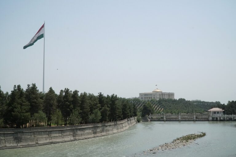 The Dushanbe Flagpole and the Palace of Nations in Tajikistan's capital, host city of the SCO heads of government meeting