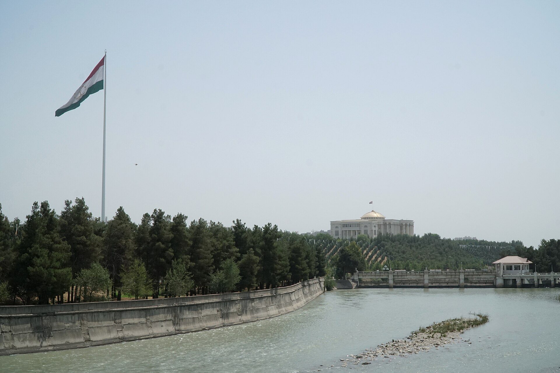 The Dushanbe Flagpole and the Palace of Nations in Tajikistan's capital, host city of the SCO heads of government meeting