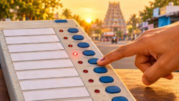 A voter with an ink-marked finger about to press a button on an electronic voting machine, a temple tower in the background at sunrise