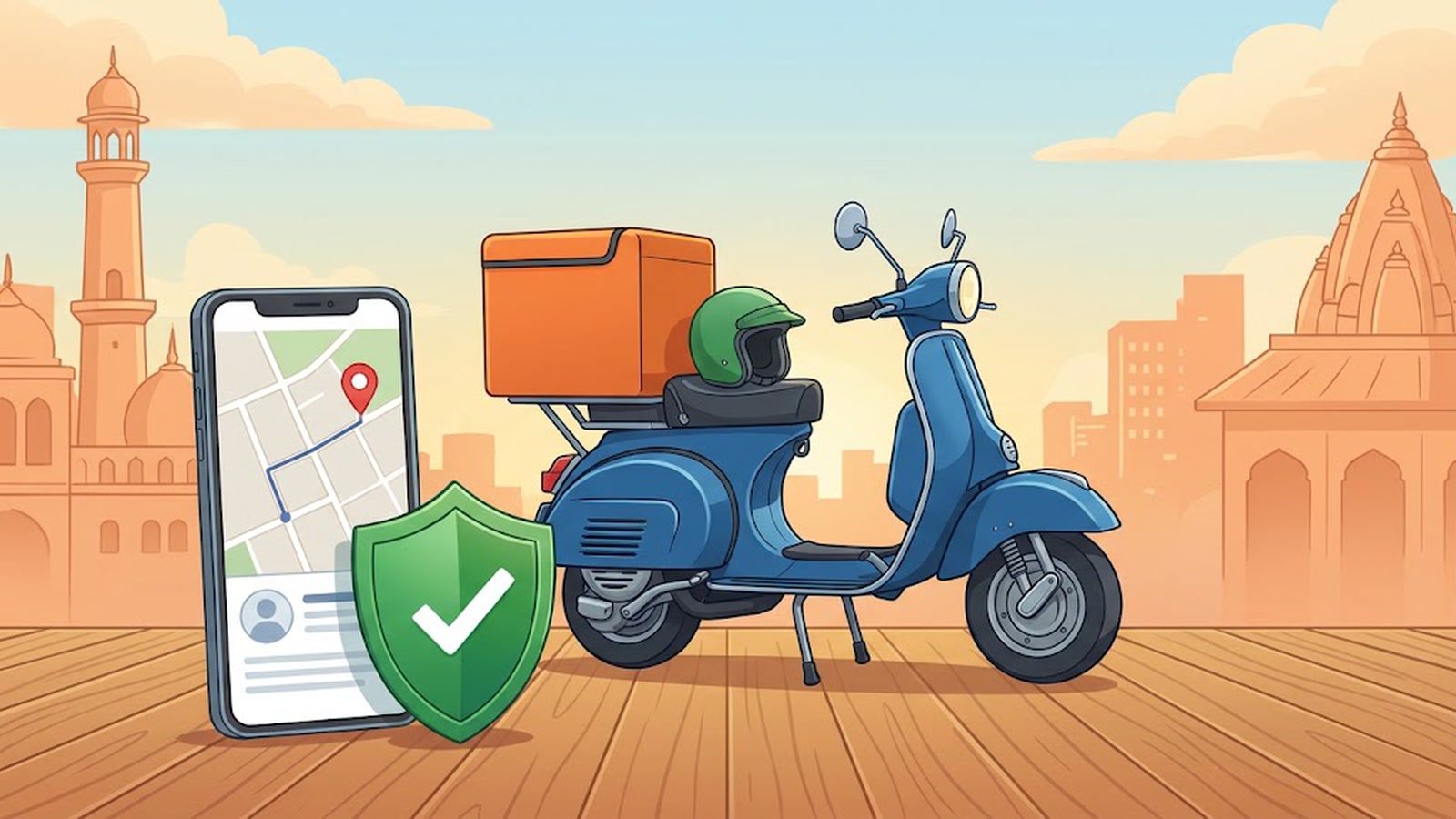 A blue delivery scooter with an orange box and a green helmet beside a phone showing a map route and a green shield