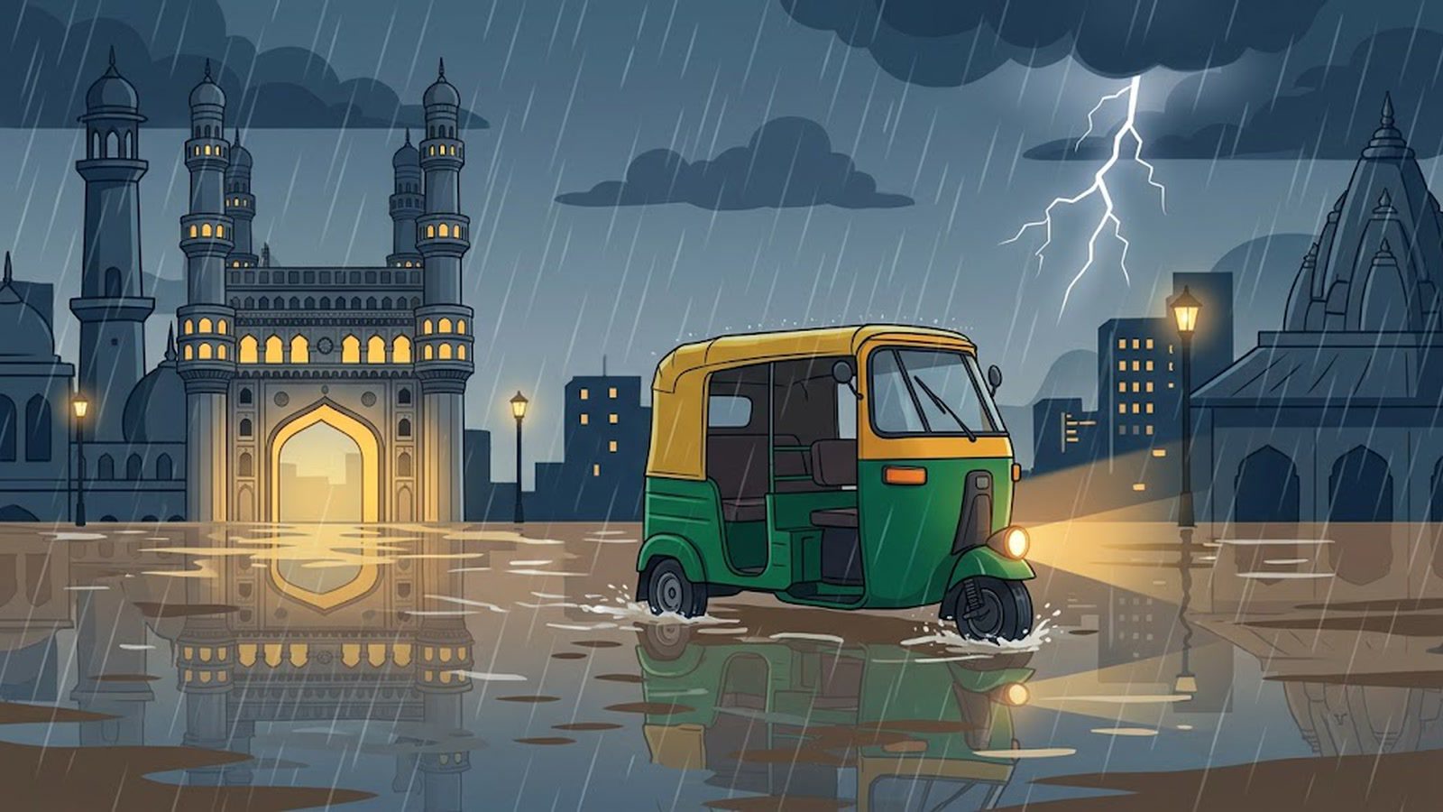 An auto-rickshaw drives through a flooded road in heavy rain in front of the lit Charminar