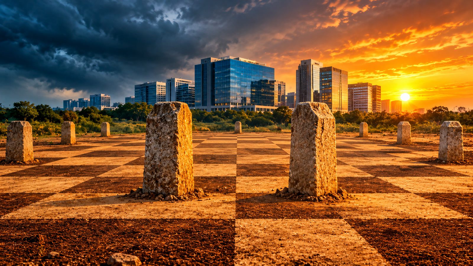 Stone survey markers standing like chess pieces on open land marked as a chessboard, glass office towers behind under a stormy sunset sky