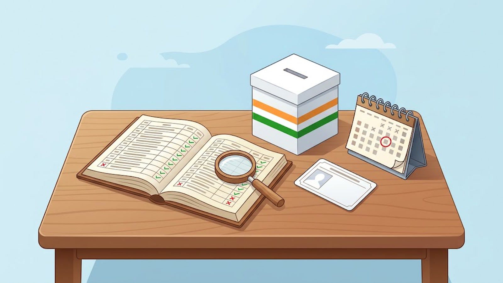 An open voter register with ticks and crosses, a magnifying glass, a ballot box, a voter ID card and a desk calendar on a wooden table
