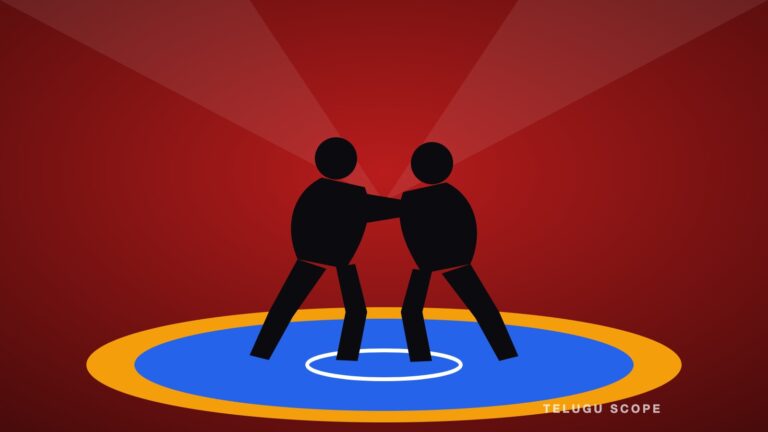Illustration of two wrestlers grappling on a wrestling mat
