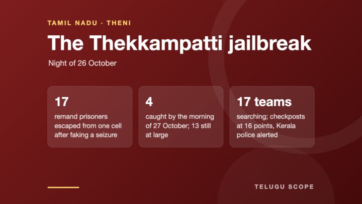 Card summarising the Theni sub-jail escape: 17 fled, four caught, 17 teams searching