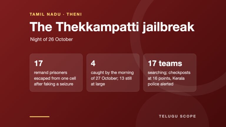 Card summarising the Theni sub-jail escape: 17 fled, four caught, 17 teams searching
