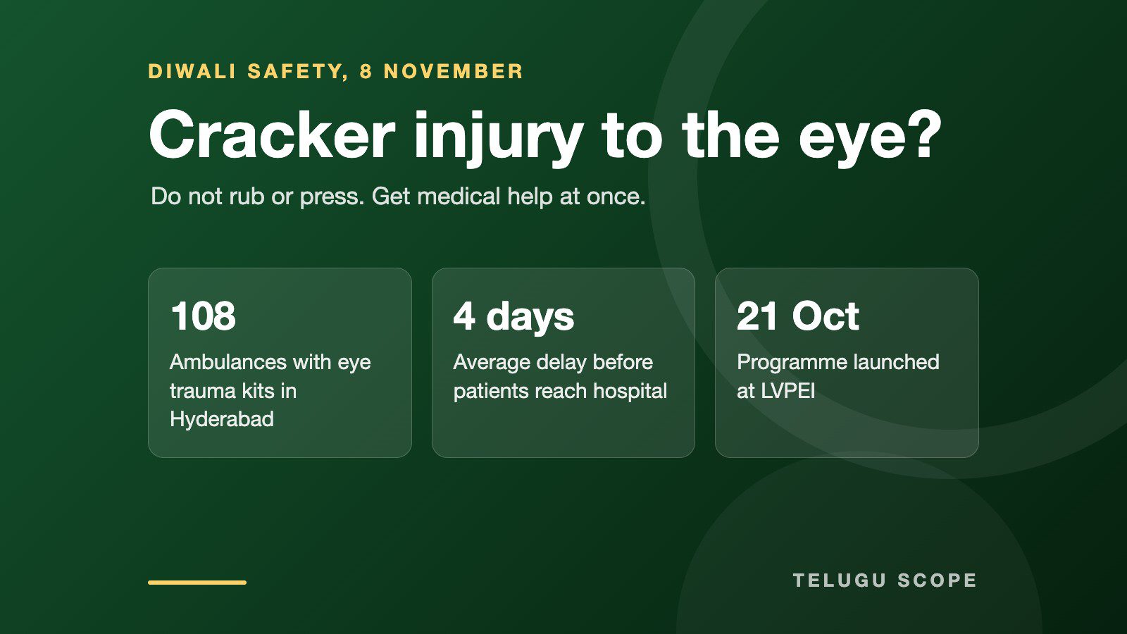 A dark green information card headed Cracker injury to the eye, with the advice not to rub or press the eye and three facts about the 108 programme.