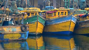 Fishing boats moored side by side in the inner fishing harbour at Visakhapatnam