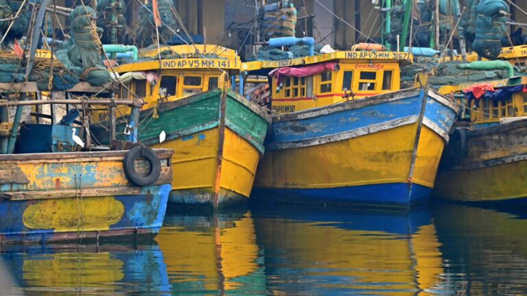 Fishing boats moored side by side in the inner fishing harbour at Visakhapatnam