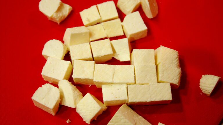 Cubes of paneer cut for cooking