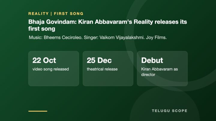 Telugu Scope information card: Bhaja Govindam: Kiran Abbavaram's Reality releases its first song. 22 Oct video song released; 25 Dec theatrical release; Debut Kiran Abbavaram as director