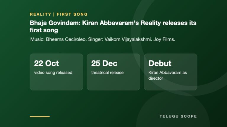 Telugu Scope information card: Bhaja Govindam: Kiran Abbavaram's Reality releases its first song. 22 Oct video song released; 25 Dec theatrical release; Debut Kiran Abbavaram as director