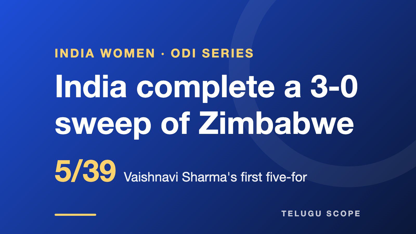 Card: India complete a 3-0 sweep of Zimbabwe, Vaishnavi Sharma's first five-for, 5 for 39