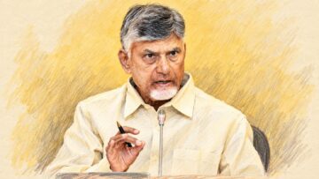 Chandrababu Naidu speaking at a press conference, illustration