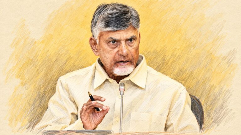 Chandrababu Naidu speaking at a press conference, illustration
