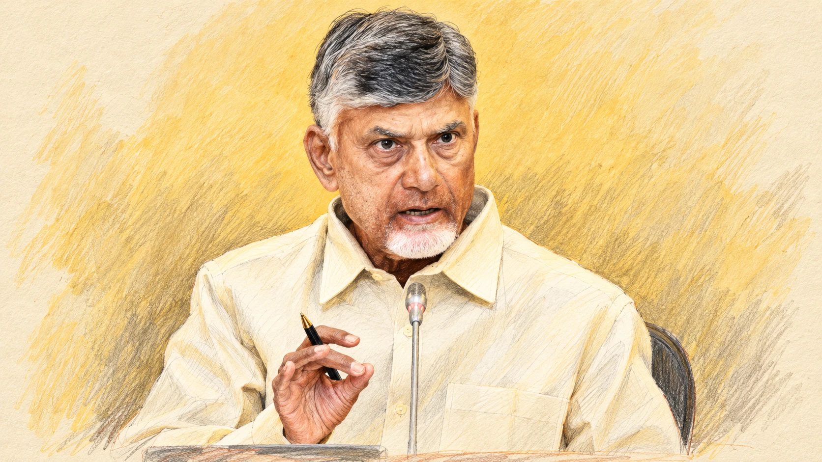 Chandrababu Naidu speaking at a press conference, illustration