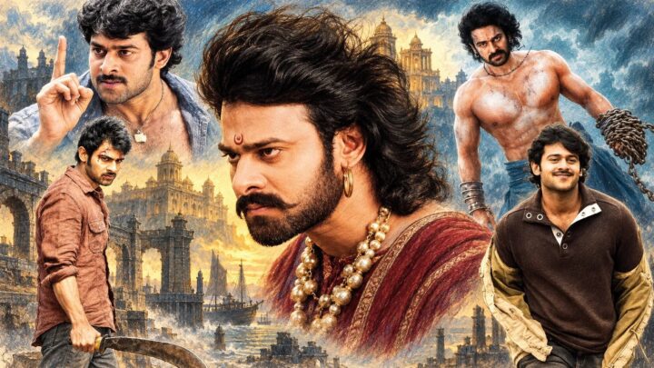 A painted collage of Prabhas in several screen looks: a large portrait in a red garment and pearl necklace, a bare-chested warrior with chains, and casual and action poses, against old forts and a stormy sky.