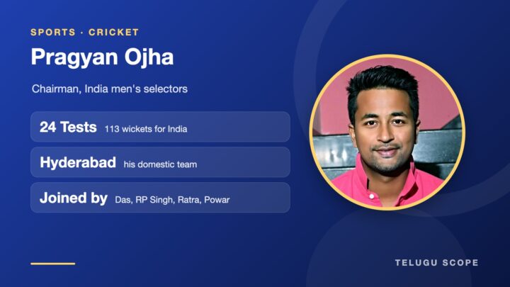 Telugu Scope graphic with a photo of Pragyan Ojha, the new chairman of India men's selection committee, and key facts.