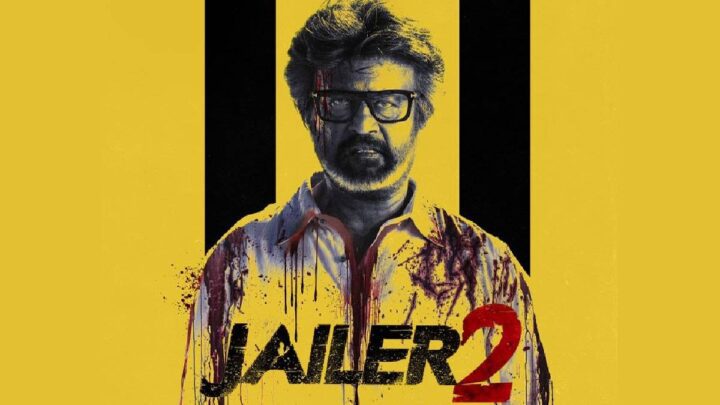 Rajinikanth, in glasses and a blood-spattered shirt, against a yellow and black background on the Jailer 2 poster.