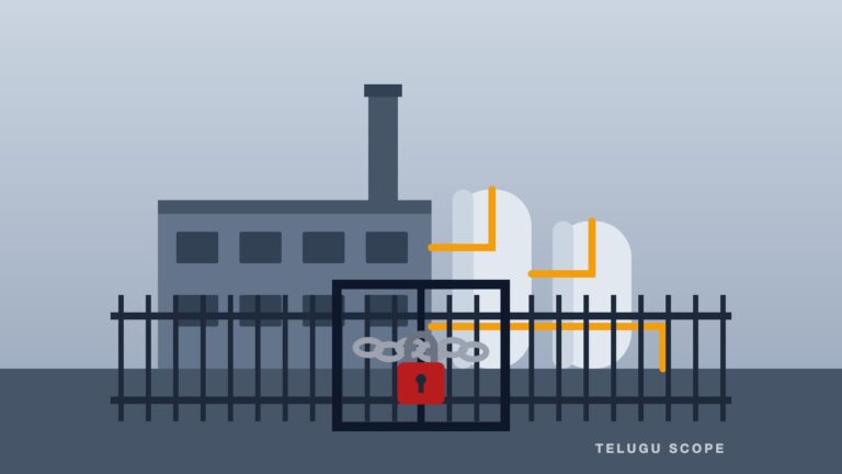 Illustration of a chemical plant with tanks and pipes behind a gate locked with a chain and padlock