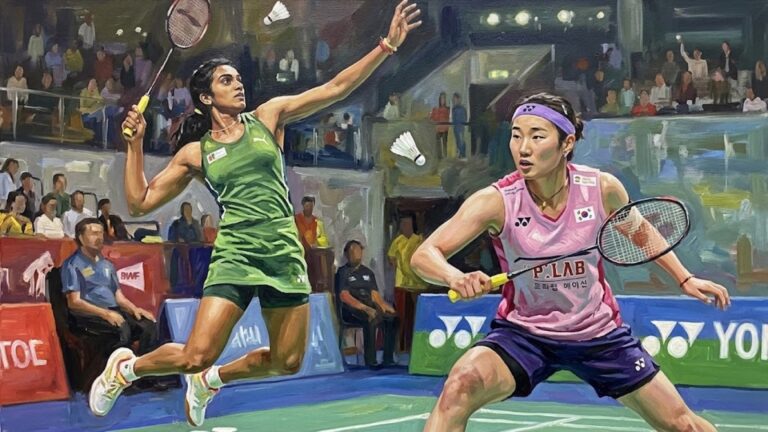 Painting of Sindhu rising for a smash while An Se Young waits in defence at the French Open final in Paris