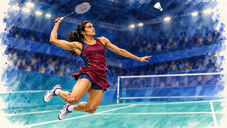 Illustration of P. V. Sindhu leaping for an overhead smash in a maroon kit under stadium floodlights.