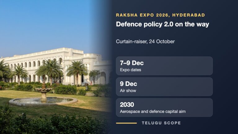 Telugu Scope card beside Falaknuma Palace, Hyderabad: Raksha Expo 2026, 7 to 9 December at Bharat Future City, air show on 9 December.