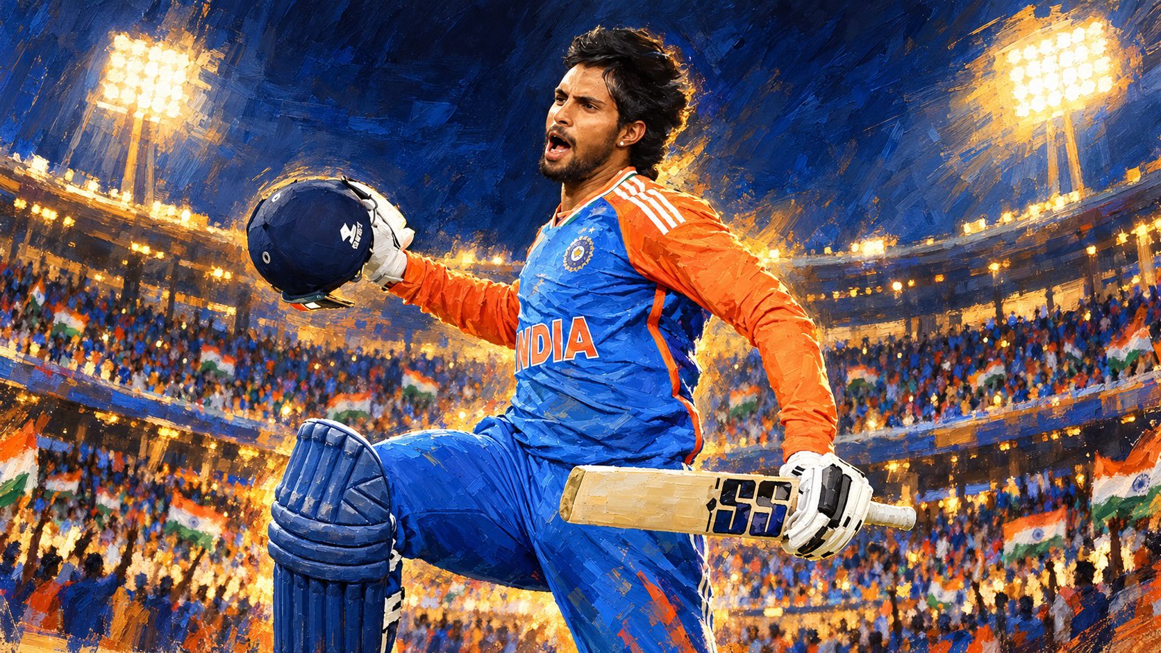 Illustration of an India batter in blue and orange kit holding a helmet in one hand and a bat in the other, in a floodlit stadium.