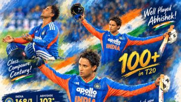 Graphic of Abhishek Sharma celebrating his T20I hundred against New Zealand in Wellington