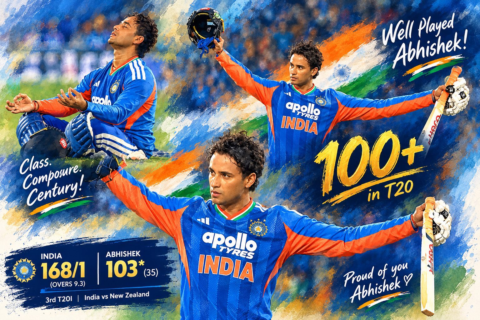 Graphic of Abhishek Sharma celebrating his T20I hundred against New Zealand in Wellington