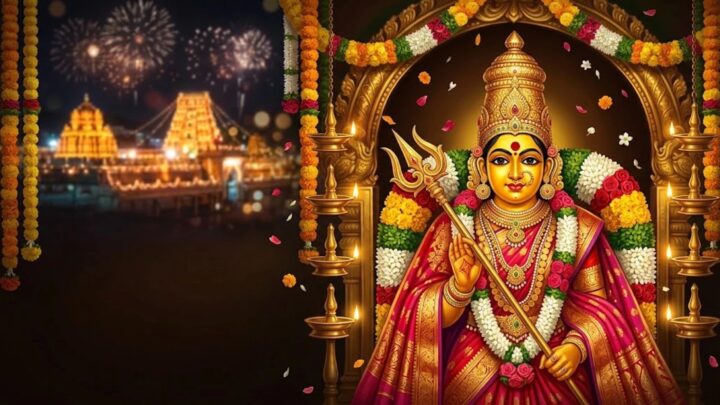 Illustration of a goddess adorned with flowers and a trident, with oil lamps, a lit temple tower and fireworks behind her