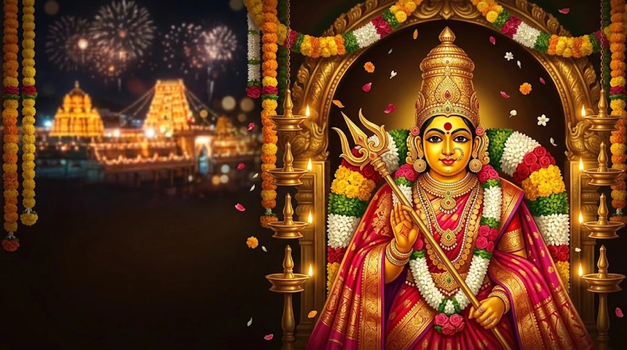 Illustration of a goddess adorned with flowers and a trident, with oil lamps, a lit temple tower and fireworks behind her