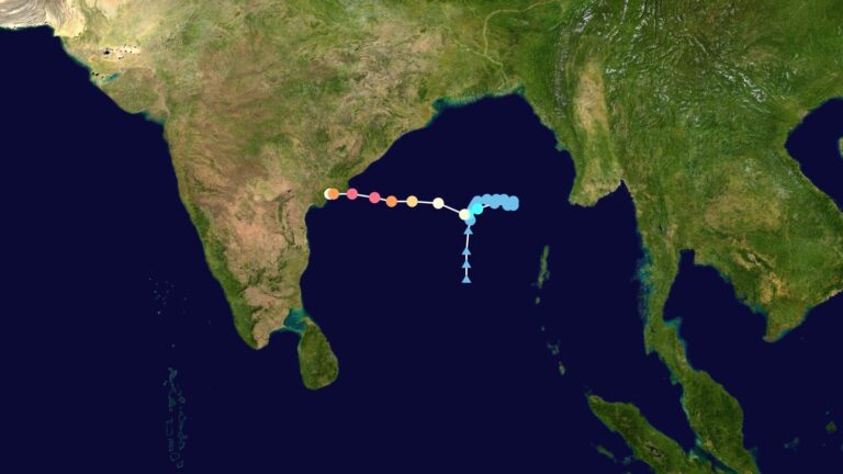 Map of Cyclone Arnab's track across the Bay of Bengal to the Andhra Pradesh coast