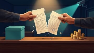 A nomination paper torn in two by two hands, with a ballot box, stacks of coins and a security camera's beam