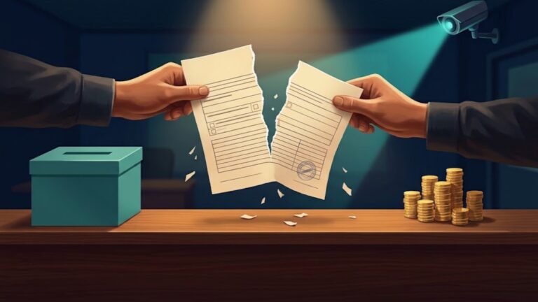 A nomination paper torn in two by two hands, with a ballot box, stacks of coins and a security camera's beam