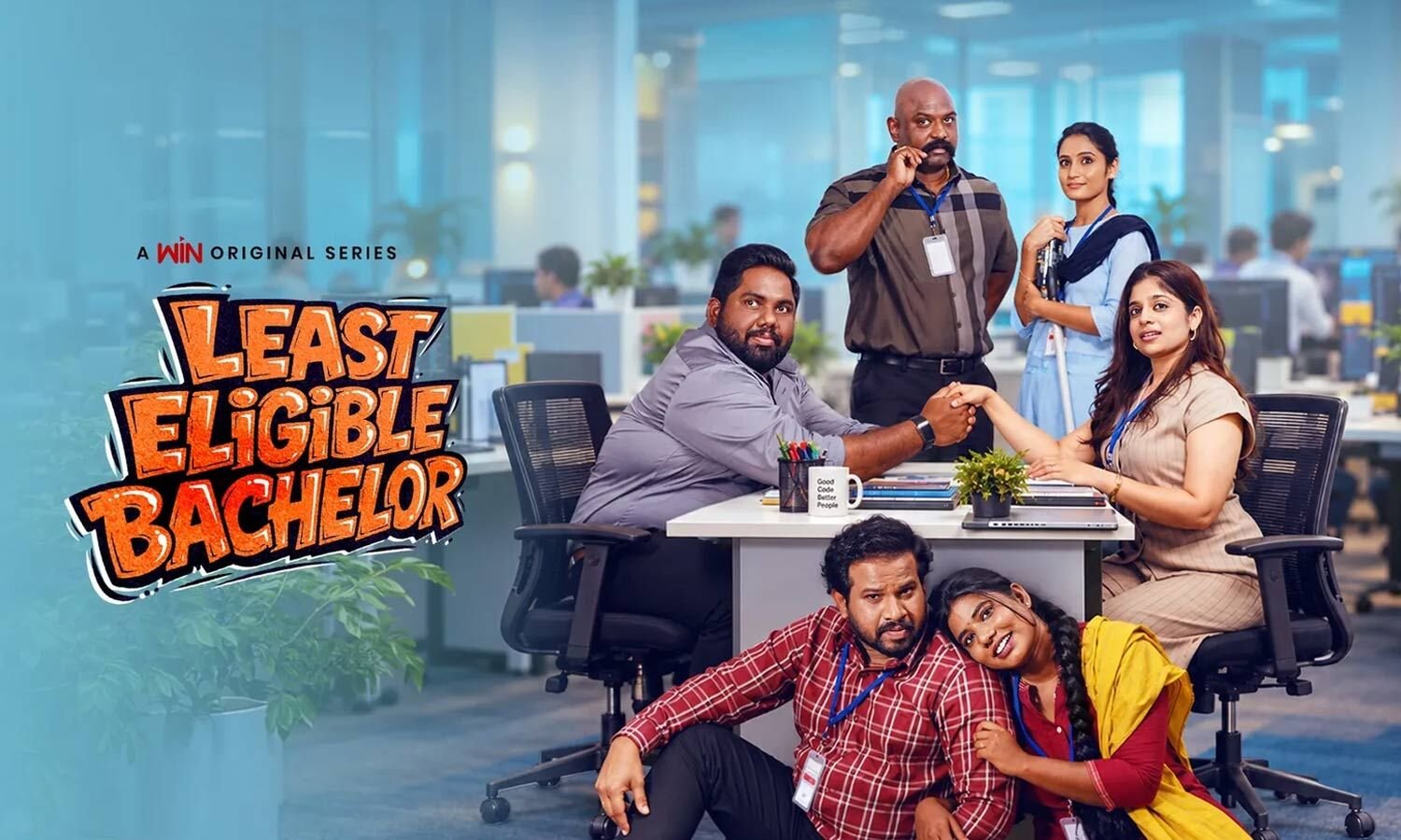 Official poster of Least Eligible Bachelor showing six cast members in an office, with the title on the left.